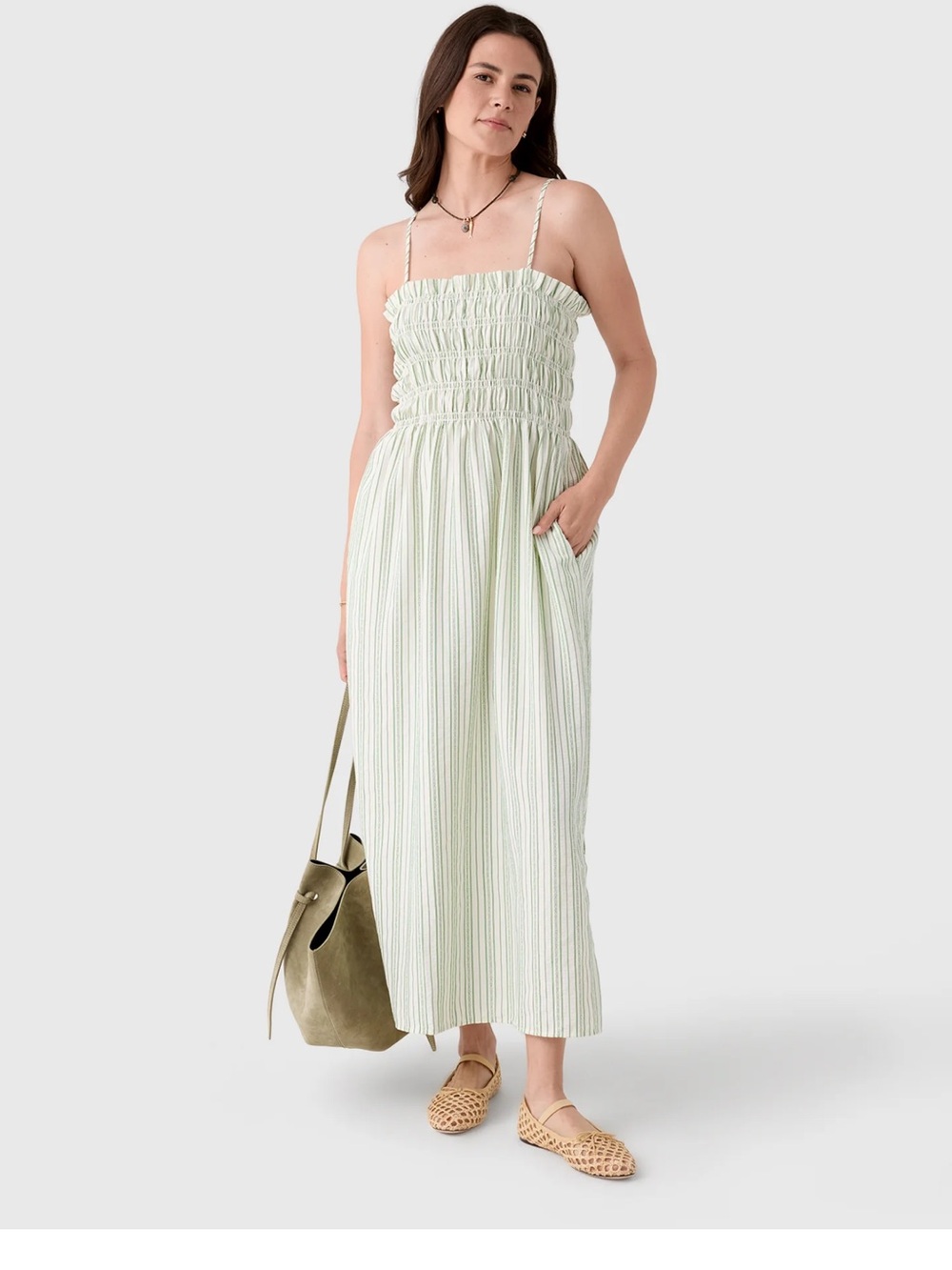 Smocked spaghetti Strap Maxi Dress in Light Green Stripe